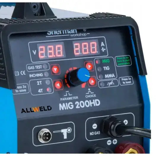 Sveiseapparat, nærbilde av digitalt kontrollpanel med blå kontrollknapp og funksjonsvalg.