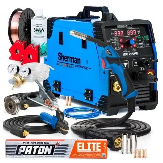 Sveiseapparat Mig Mag Mma Tig, komplett sett med maskin, sveisehåndtak, slanger og tilbehør vist forfra.