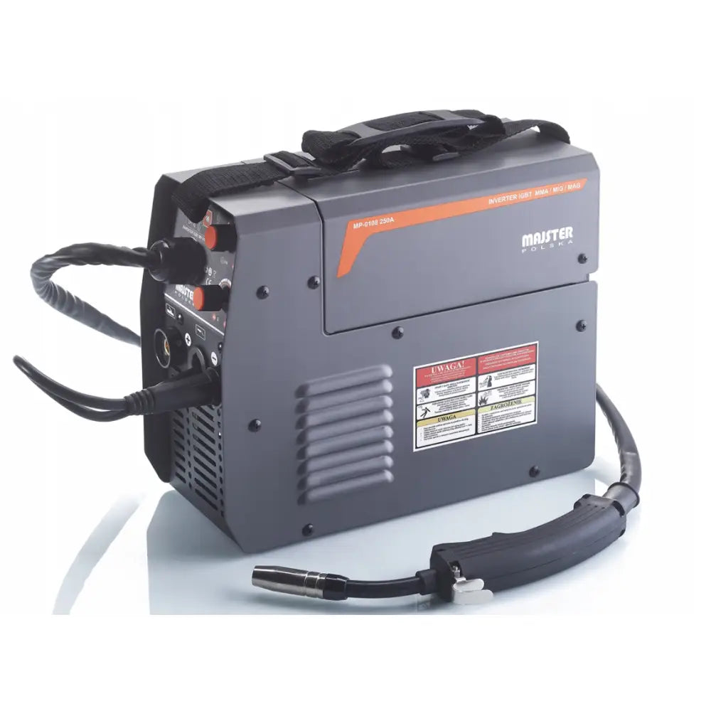 Sveiseapparat Migomat Flux, sidevisning med synlige kabler, roteknapper og advarselsetiketter på fronten.