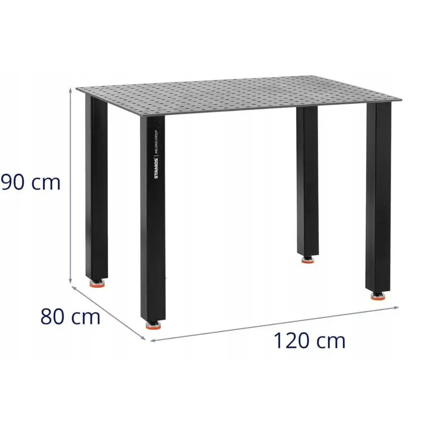 Sveisearbeidsbord med perforert metallplate, skråvisning som fremhever mål og robust konstruksjon.