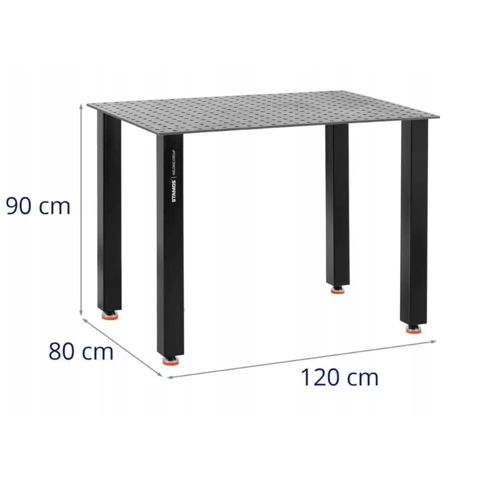 Sveisebord med perforert metallplate, sorte ben og justerbare føtter, mål 120 x 80 x 90 cm vises tydelig.