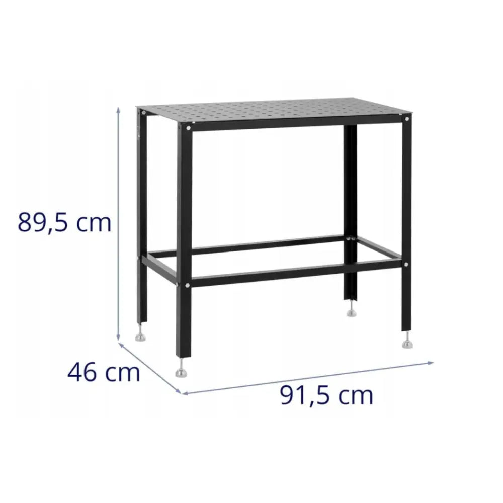Sveisebord med perforert metallplate, sett skrått forfra, viser justerbare ben og tydelige mål på platen.
