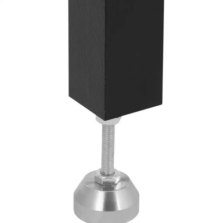 Sveisebordben i svart metall med sølvfarget, justerbar rund fot, synlig skruegjenge og mutter.