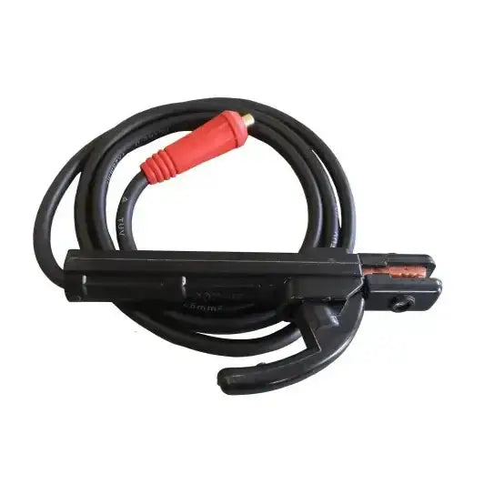 Elektrodeholder med kobberklemmer og rød kontakt, sett ovenfra på hvit bakgrunn, til sveiseinverter.