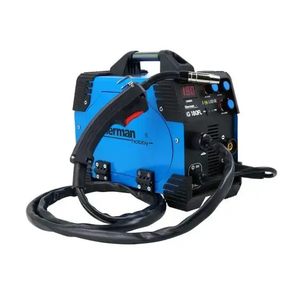 Sveiseinverter MIG 180 FL, blå og svart modell med synlig sveisepistol, ledning og digitalt kontrollpanel.