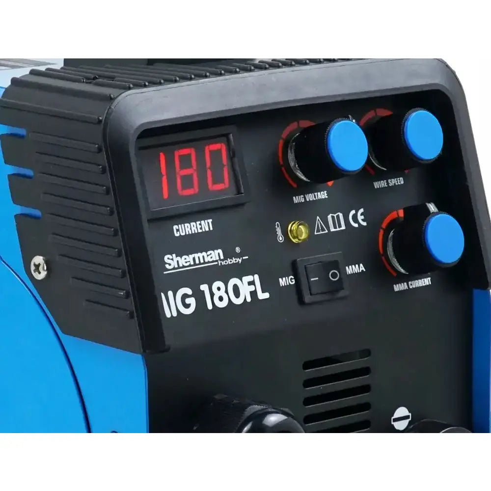 Sveiseinverter MIG 180 FL, nærbilde av frontpanelet med digitale display og blå justeringsknapper.