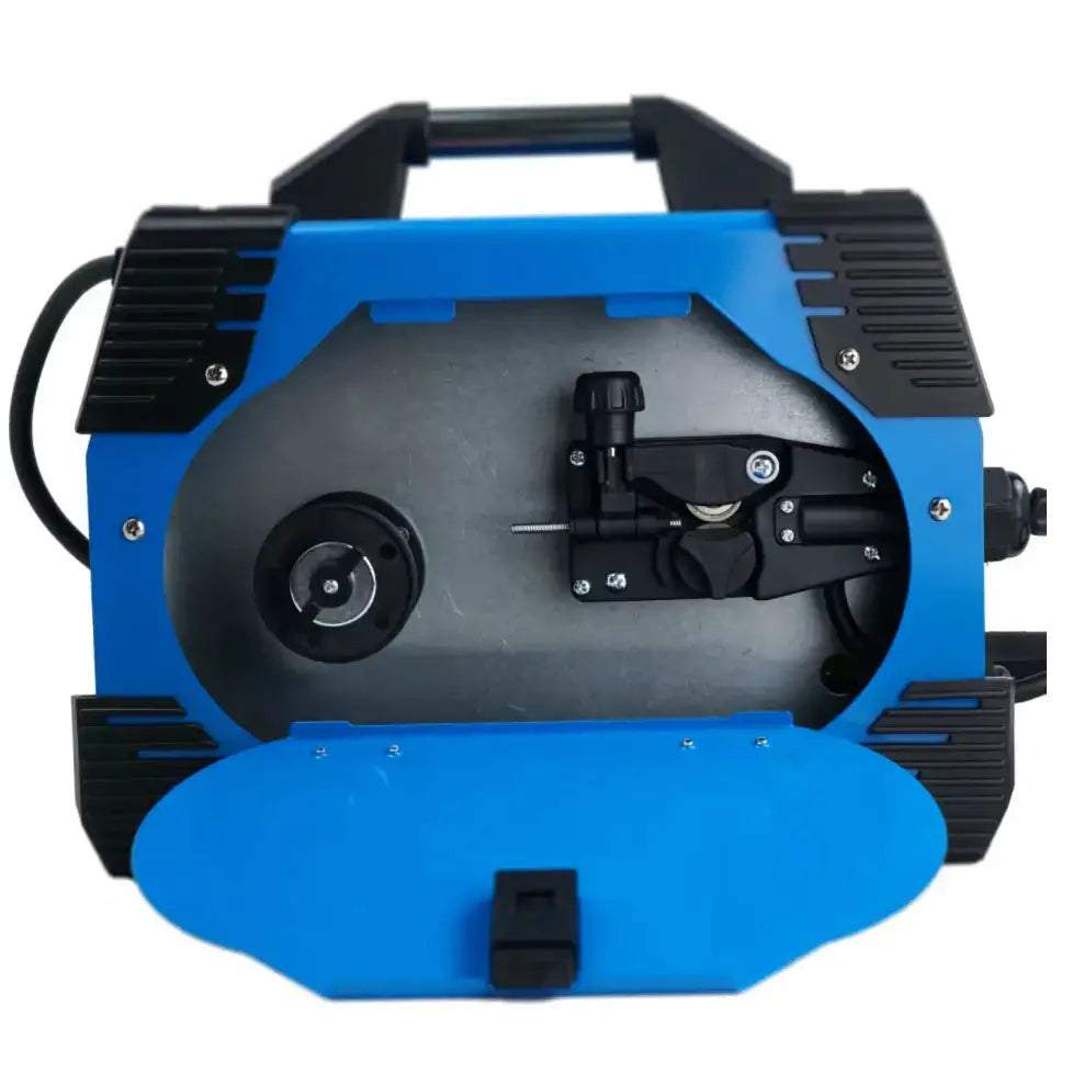 Sveiseinverter MIG 180 FL, frontbilde av åpent deksel med synlig matehjul og innmatingsmekanisme.