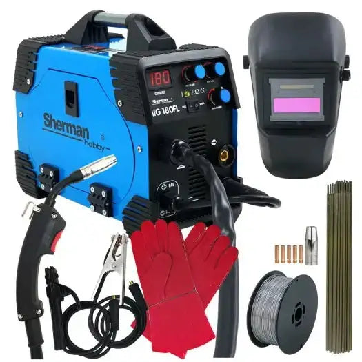 Sveiseinverter MIG 180 FL med tilbehør, inkludert rød hanske, svart maske og sveisetråd mot hvit bakgrunn.