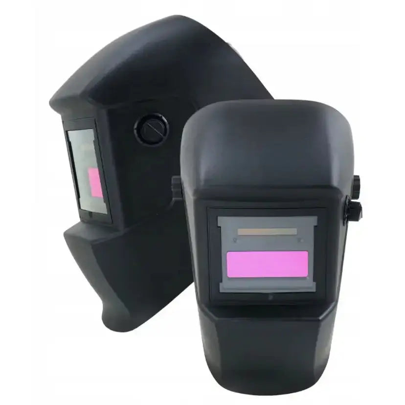 To svarte sveiseskjermer i plast, én front- og én sidevisning med rektangulært glass og lilla filter.