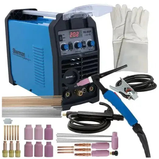 Sveiseinverter TIG, blå og svart modell med hansker, ledninger, sveisepistol og variert tilbehør foran apparatet.
