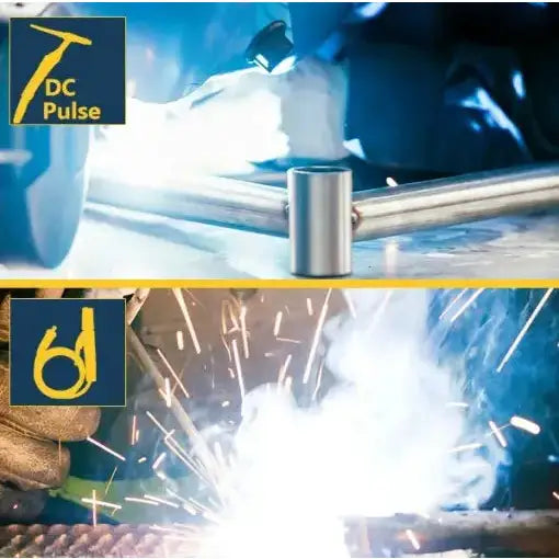 Sveiseinverter TIG, illustrasjon av DC Pulse-sveising på rør og nærbilde av gnister med rund sveisemetode.