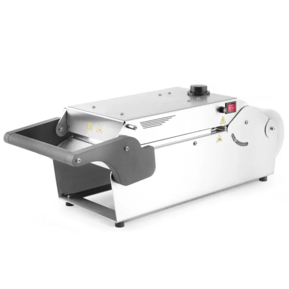 Sveisemaskin for takeaway matbeholdere i rustfritt stål, skråvisning med kontrollknapp og advarselsmerking.