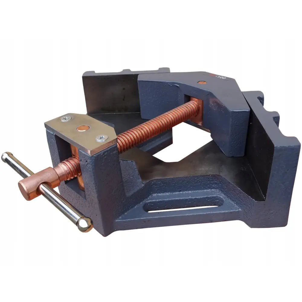 Sveiseskrustikke av støpejern, skrå frontvisning med kobberfarget spindel og stål-håndtak.