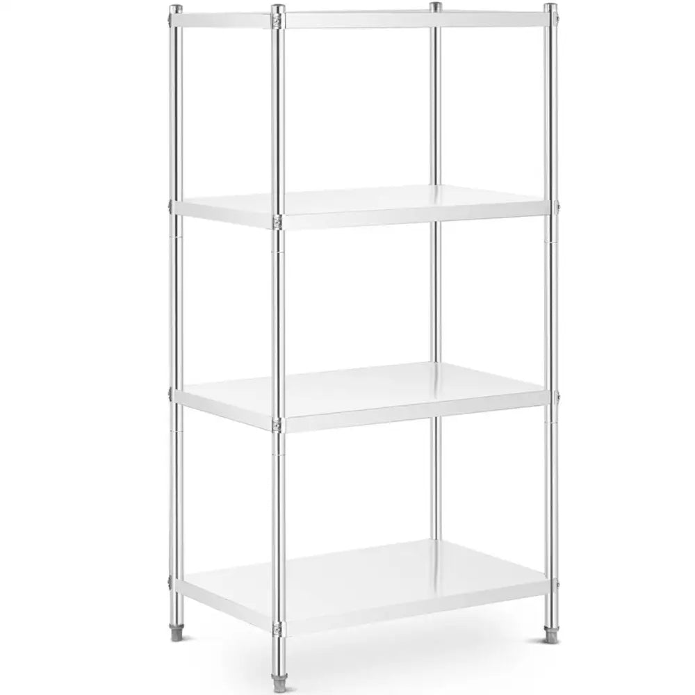 Sveiset rustfritt stål hylle med fire glatte hyller, skrått sett for å vise runde stenger og minimalistisk design.