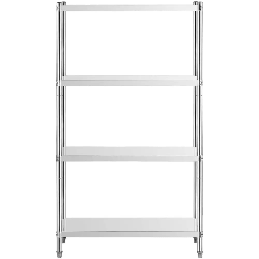 Sveiset rustfri stålhylle med fire glatte hyller, sett forfra, tydelige runde hjørnestolper.