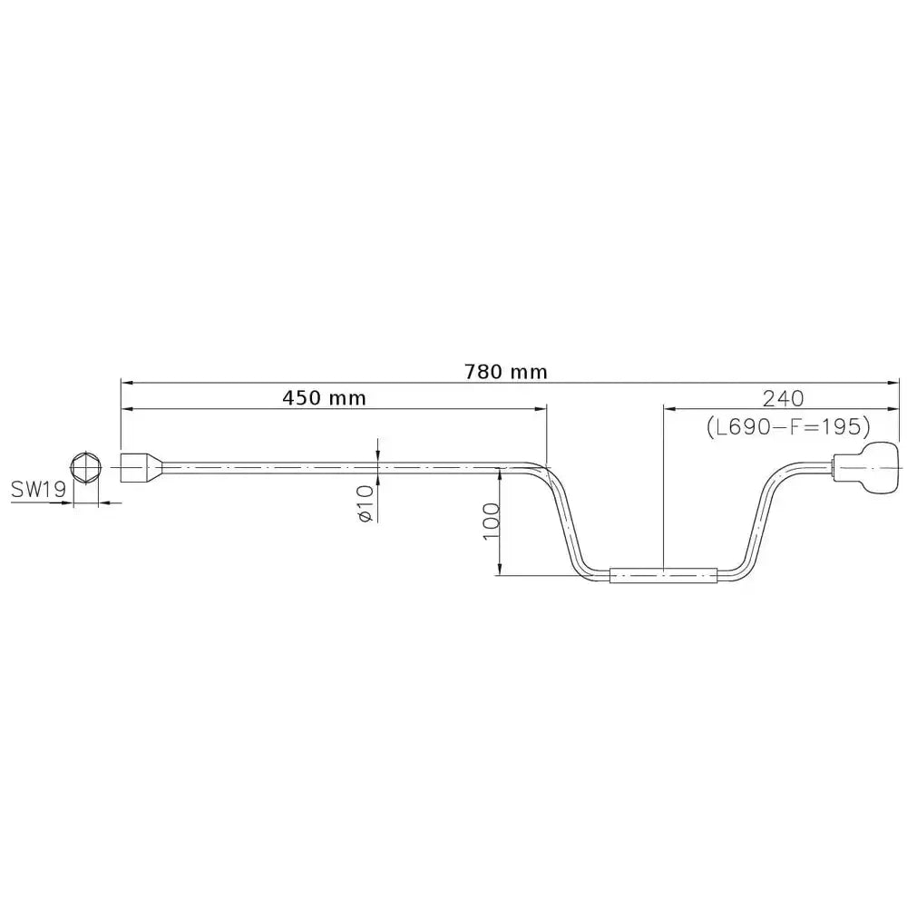 Sveiv for støtte, sideprofil teknisk tegning med mål og diameter tydelig markert på metallstangen.
