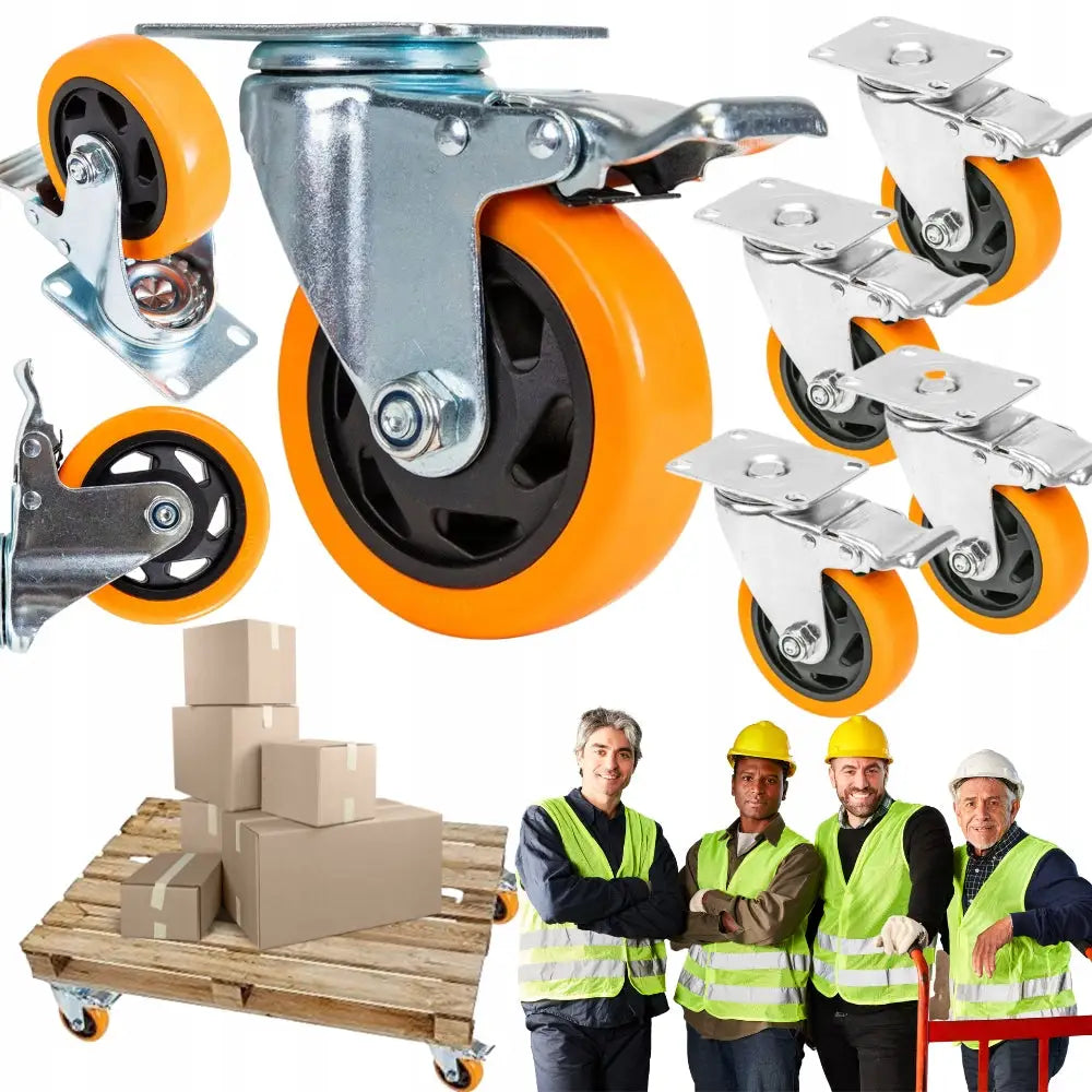 Svingbare industrihjul med brems, fire hjul med metallfester, vist sammen med palle og arbeidere.