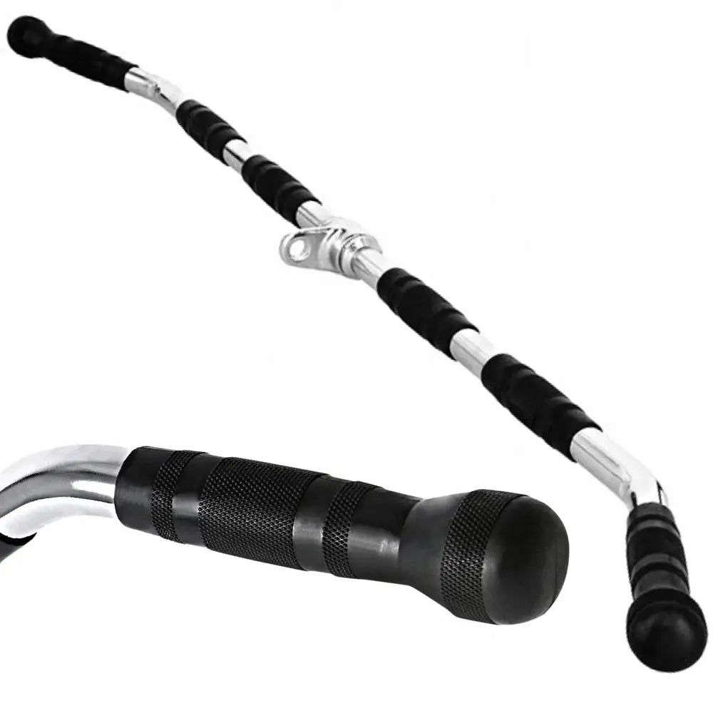 Svingbart langt treningsstangs håndtak med sorte, teksturerte gummigrep og kromfinish, nærbilde og heloversikt.