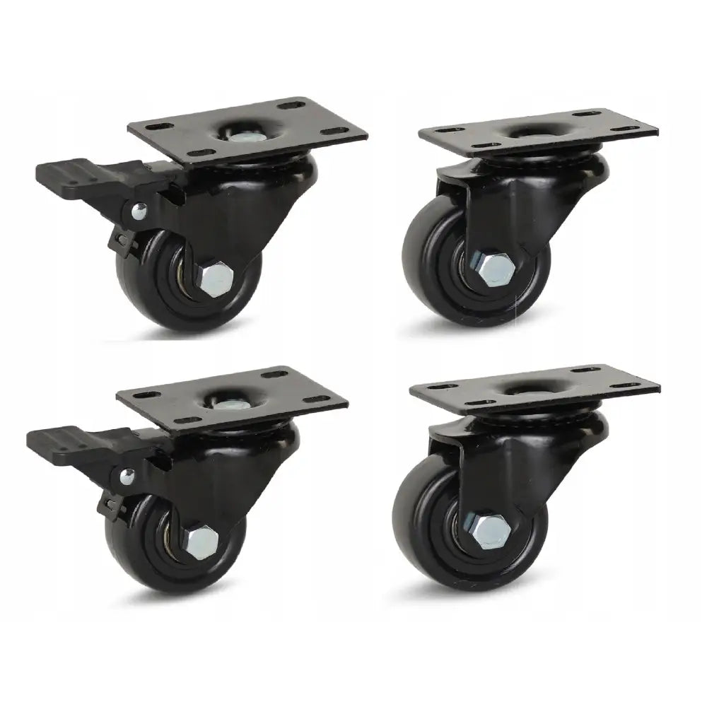 Svinghjulsett med fire sorte 50mm hjul, to med brems, skrå vinkel, rektangulære monteringsplater.