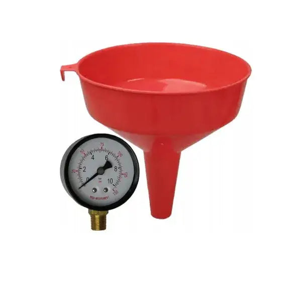 Syfon sandsprøyte 19L mobil, rød trakt med manometer og messinggjenge vist fra siden.