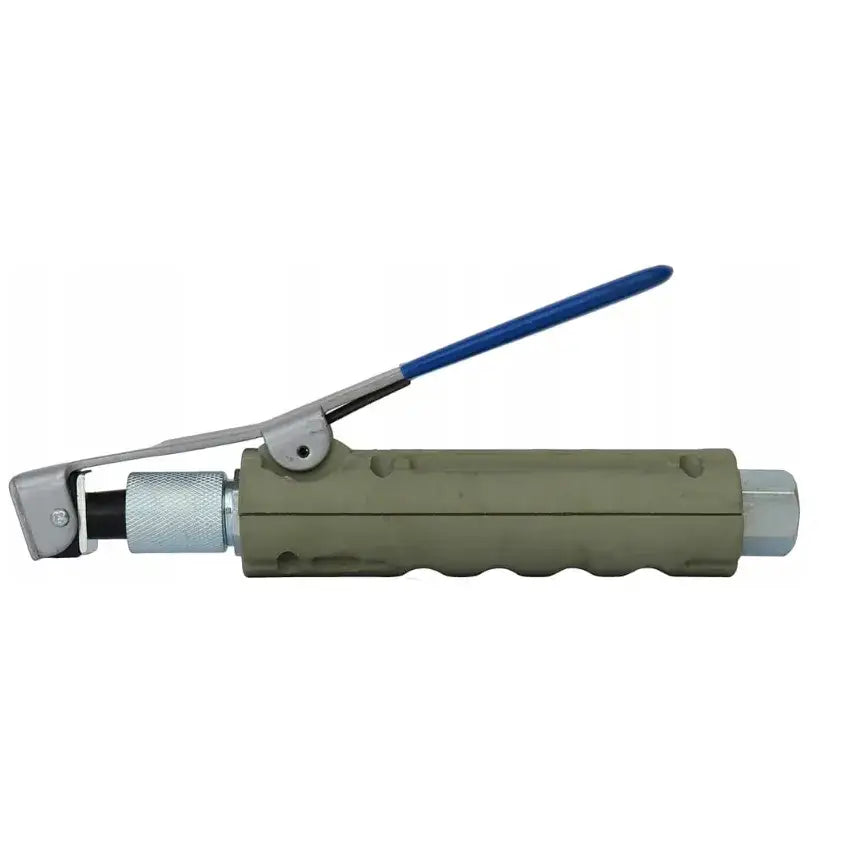 Syfon sandsprøyte 19L med maske, sidevisning av olivengrønt metallhus og blått ergonomisk håndtak.