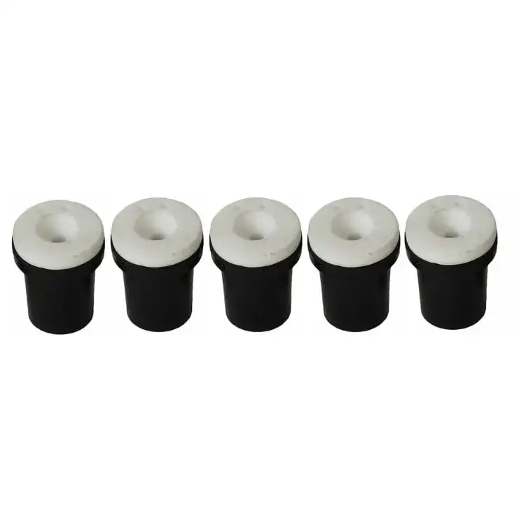 Fem sylindriske plugger til Syfon sandsprøyte, sort kropp og hvit topp, sett fra skrå vinkel.