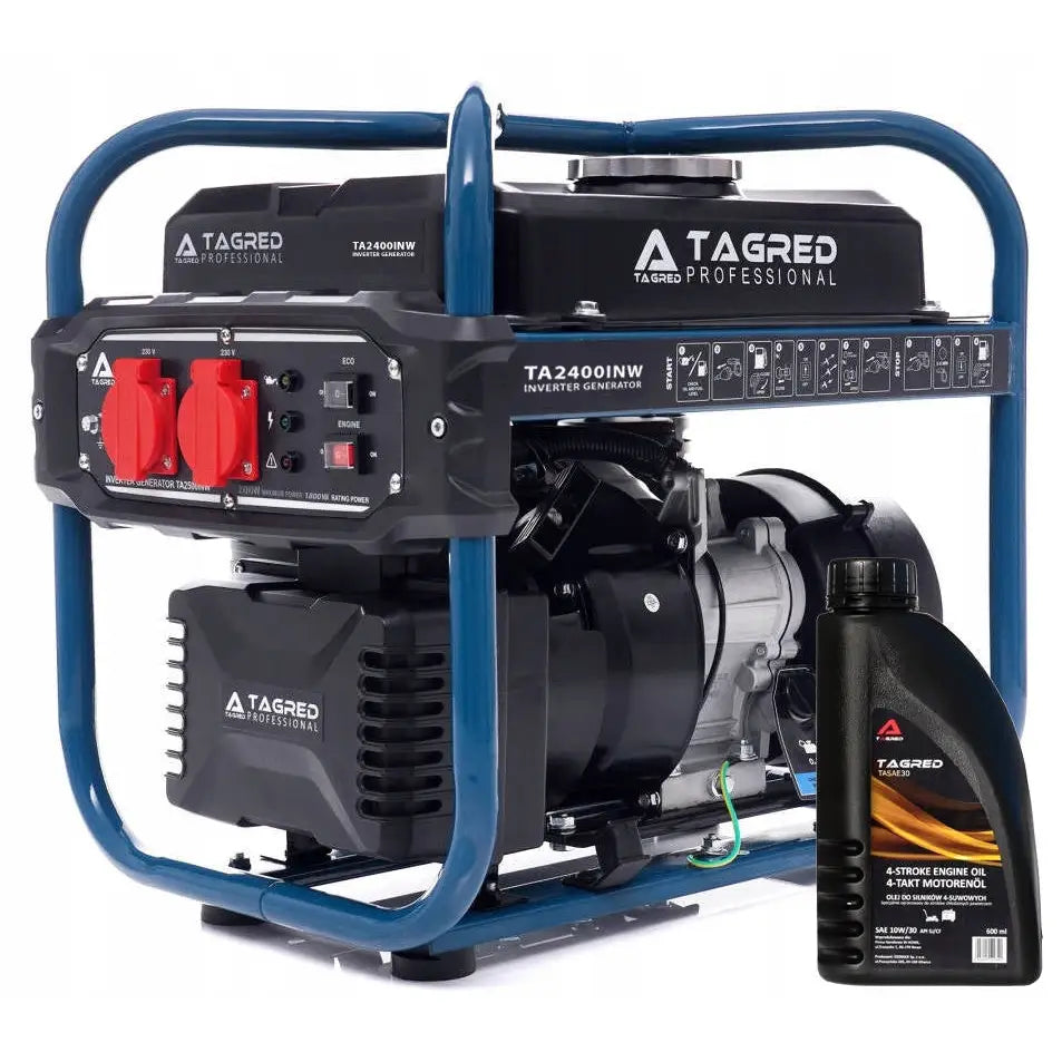 Tagred inverter generator 2400W, skrå frontvisning med blå ramme, røde kontakter og sort oljeflaske foran.