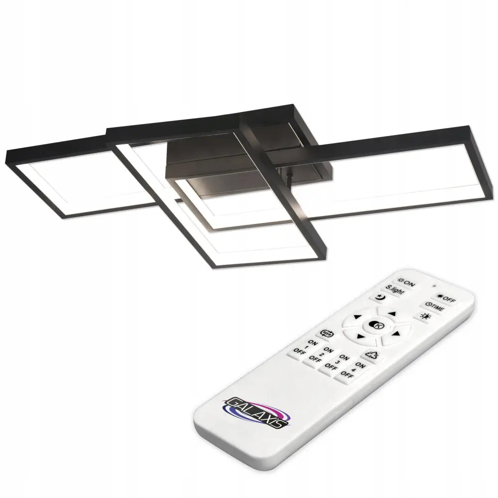 Taklampe Galaxis, sort metall med rektangulære LED-paneler, sett skrått ovenfra med hvit fjernkontroll.