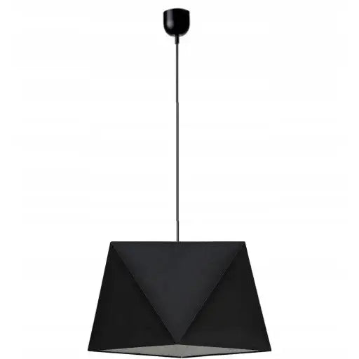 Taklampe Diamant med svart, pyramideformet skjerm, frontvisning med synlig ledning og takfeste.