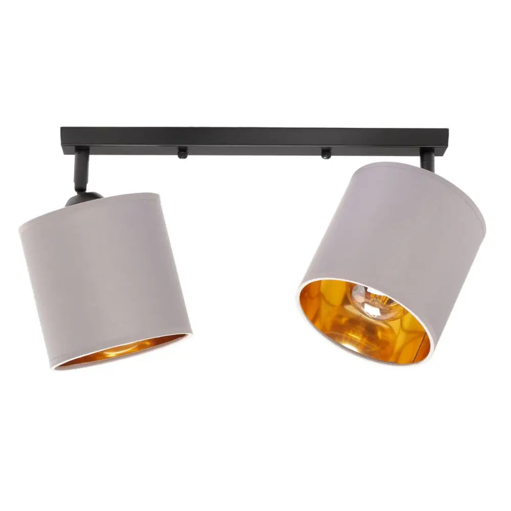 Taklampe Dobbel Grå Skjerm Oro, to lysegrå sylinderskjermer med gull innside på sort metallbase, frontvisning.