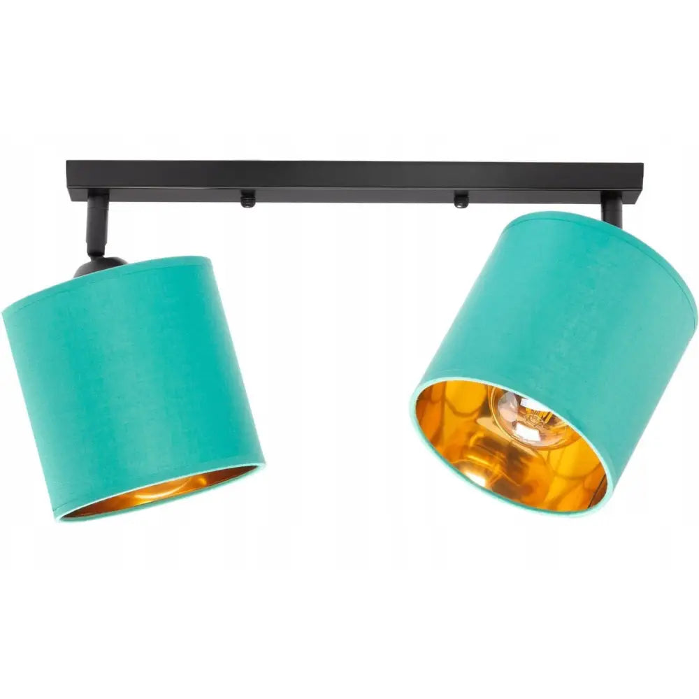 Taklampe med to turkise sylinderformede skjermer og gullfarget innside på sort metallbase, frontvisning.