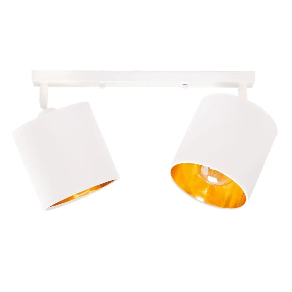 Taklampe Dobbeltskinne Hvit Skjerm Oro, frontbilde med to hvite skjermer og gullfarget innside.