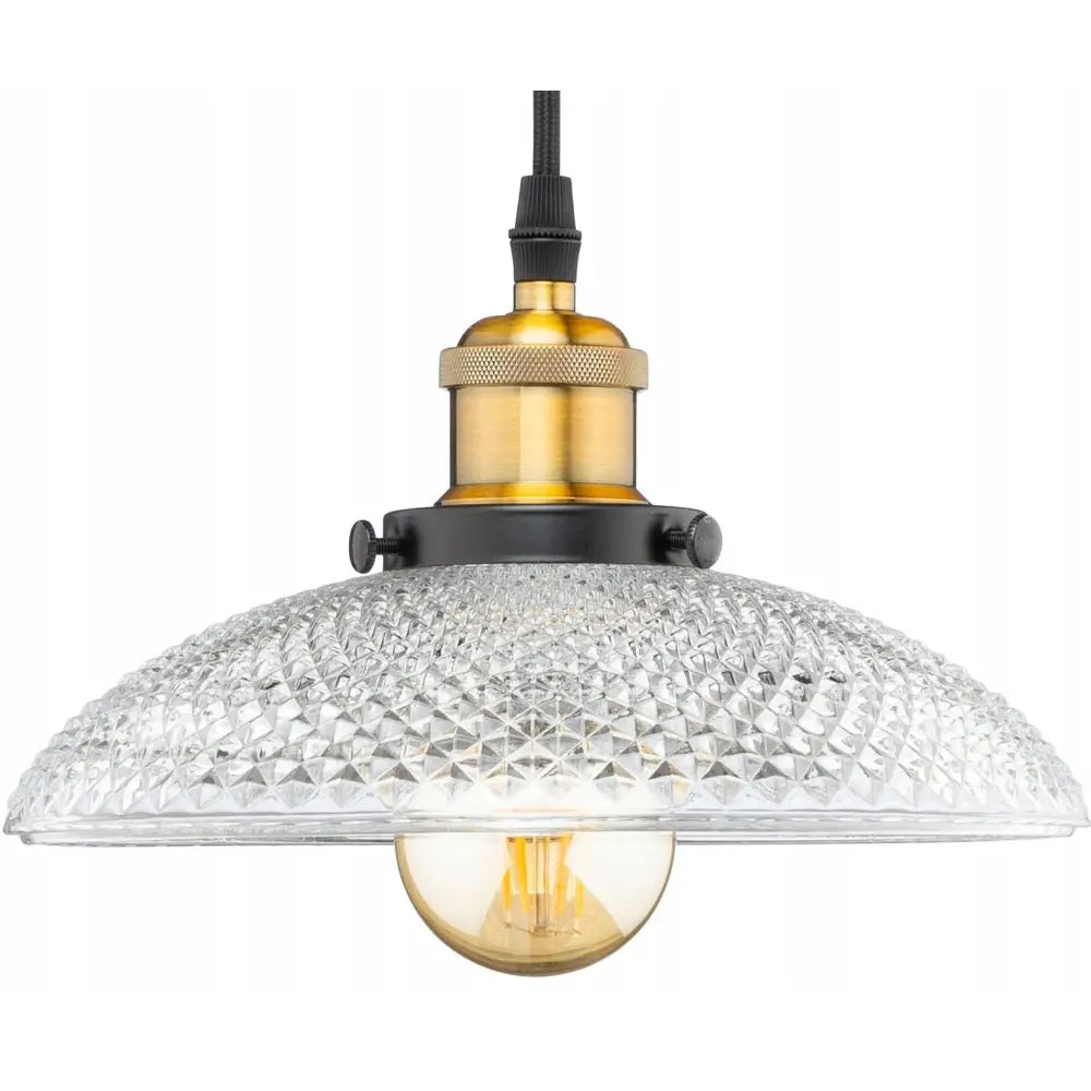 Taklampe Glass Flat Rosa med mønstret glasskuppel, messingfarget sokkel og synlig lyspære, frontvisning.