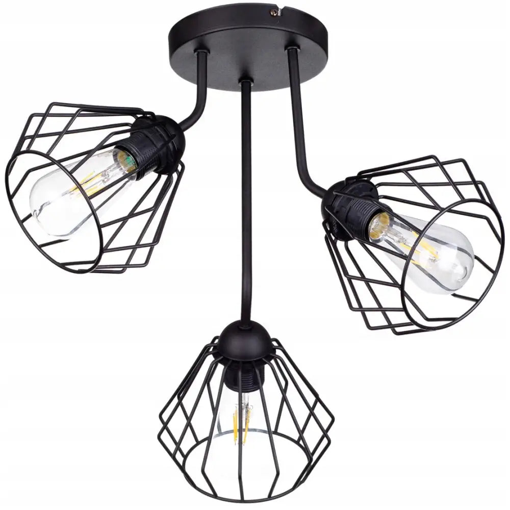 Taklampe i svart metall med tre lyspærer, geometriske gitterdeksler sett skrått nedenfra.