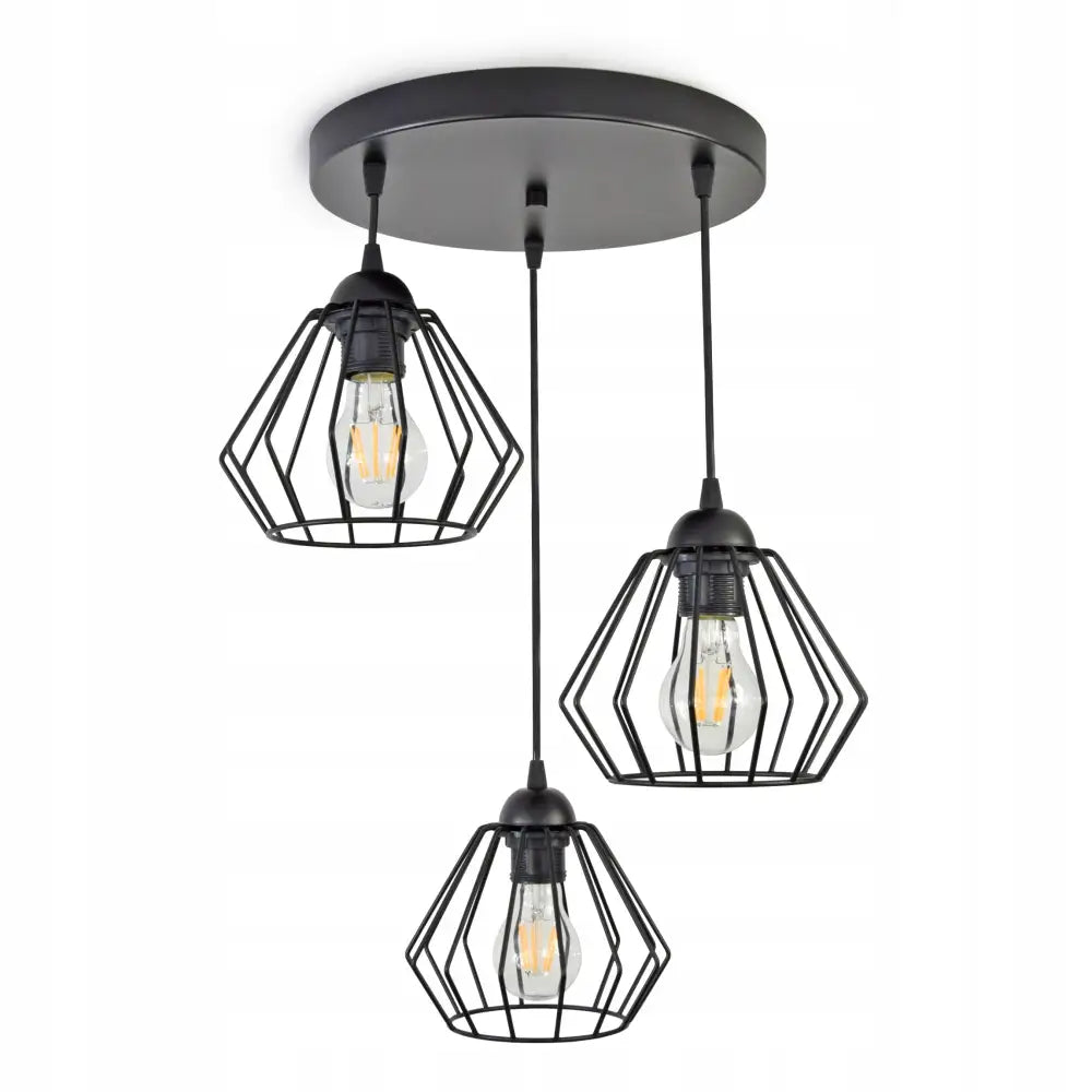 Taklampe Hengende Lysekrone Diamant LED med tre lyspærer i sorte geometriske metallbur, sett nedenfra.