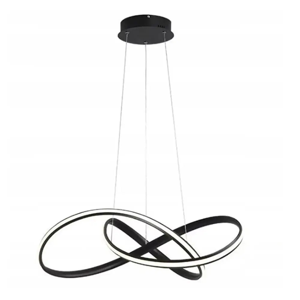 Taklampe i svart metall, to sammenvevde sirkler med integrert LED-lys, henger fra vaier.