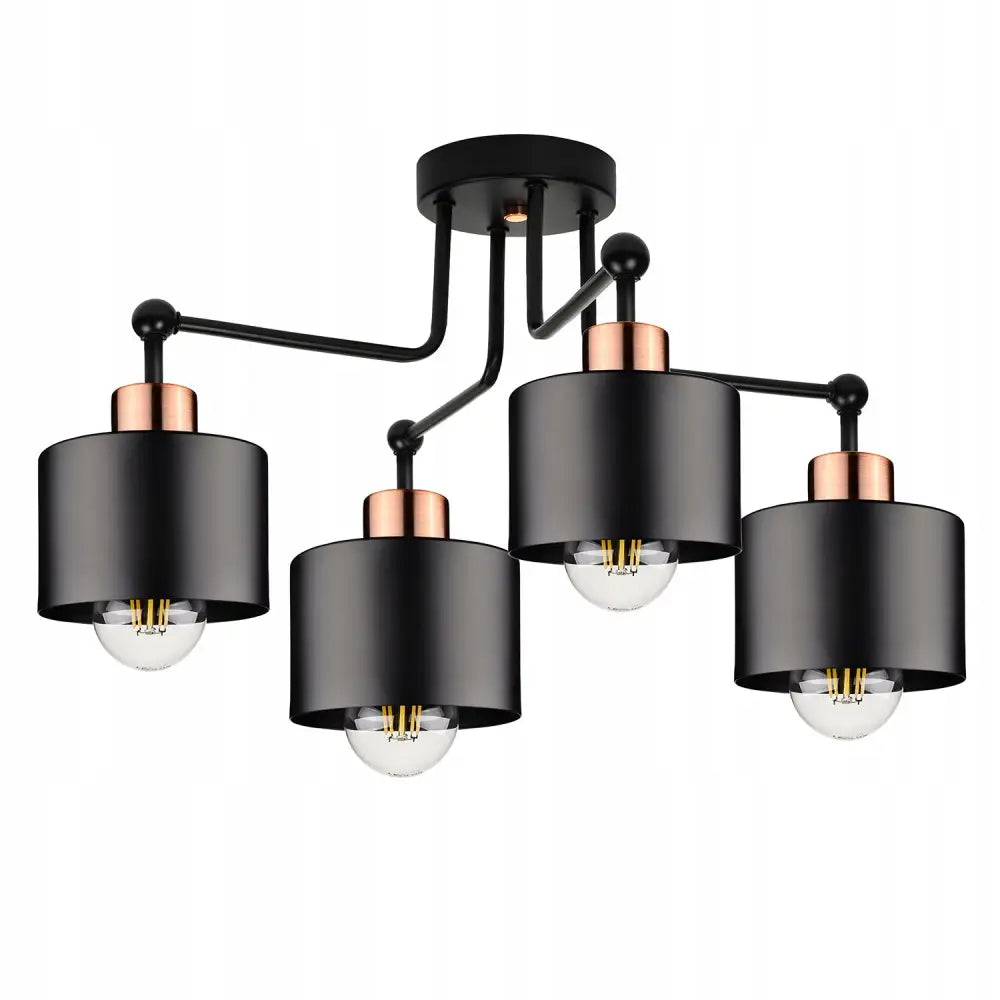 Taklampe hengende lysekrone med fire svarte metallskjermer, kobberdetaljer og eksponerte lyspærer.