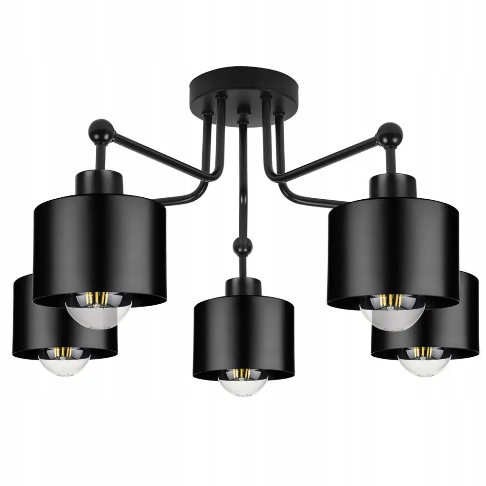 Taklampe hengende lysekrone i sort metall med fem sylindriske skjermer og synlige LED-lyspærer.