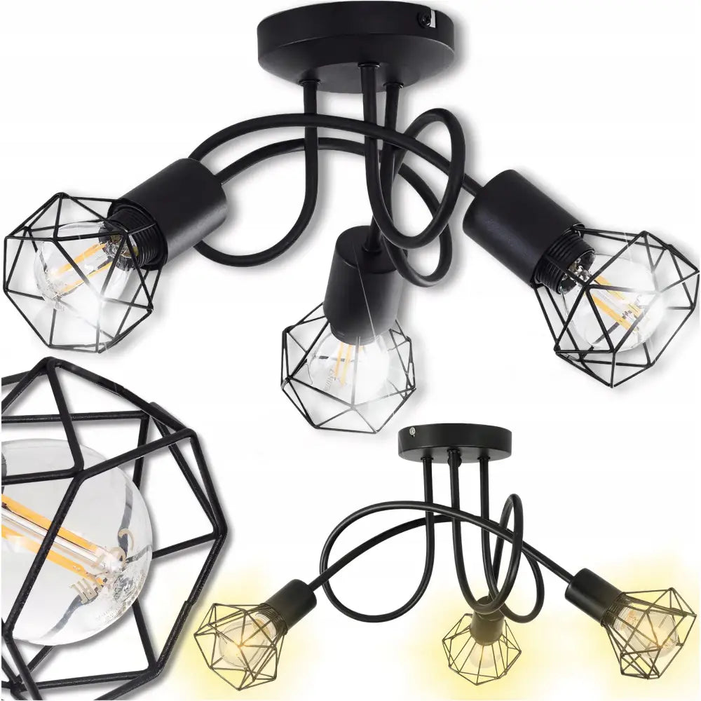 Taklampe hengende lysekrone med tre buede armer og diamantformede metallholdere, nærbilde av pære.