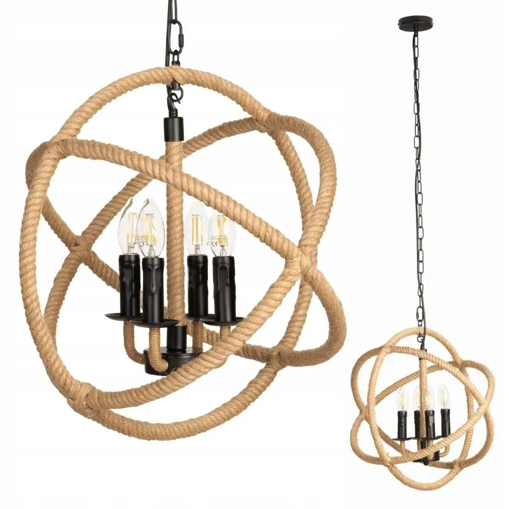 Taklampe i jute Orbit Boho, sorte metallringer og natursnor med fire lyspærer og lenkekjede.