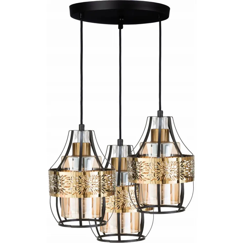 Taklampe i svart glass med tre sorte metallskjermer, gulldetaljer og utskårne mønstre, frontvisning.