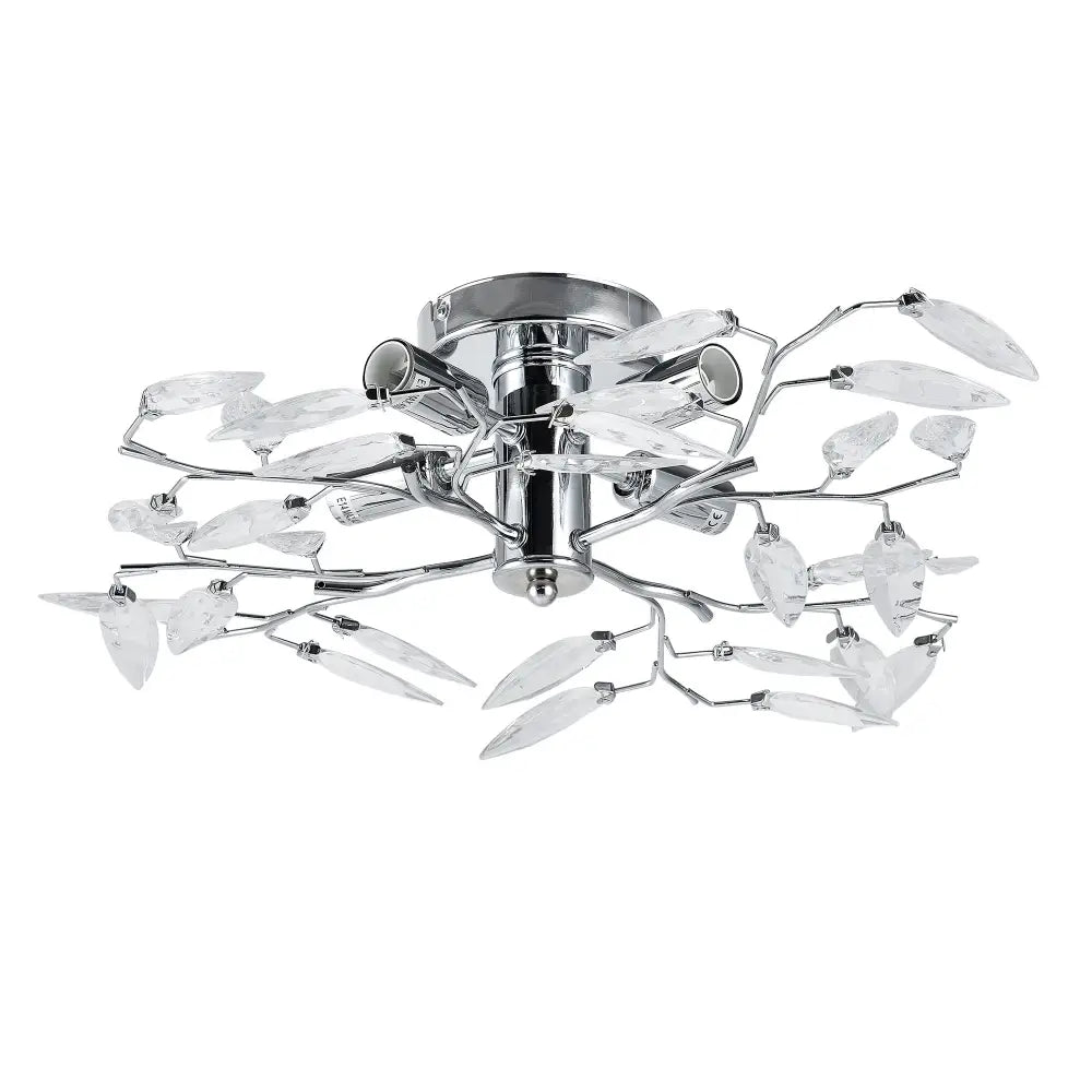 Taklampe Kira, sidevisning av kromarmatur med dekorative grener og klare bladformede glassdetaljer.
