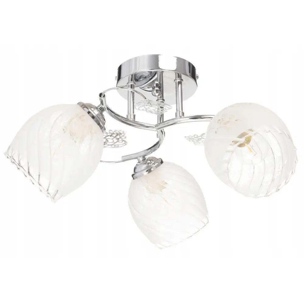 Taklampe Klassisk Lysekrone Plafond med tre hvite glasskupler og dekorativ krombase, sett skrått nedenfra.