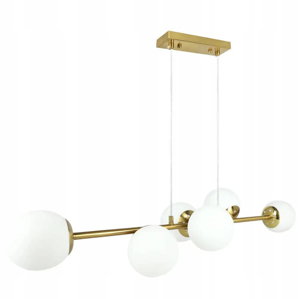 Taklampe LED med fem matte hvite glasskupler i gullfarget metall, sidevisning mot hvit bakgrunn.