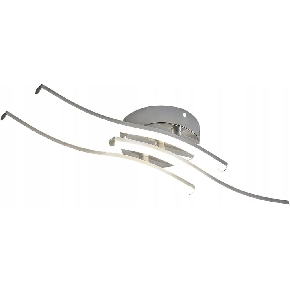 Taklampe LED Plafond, skråvisning av moderne design med to buede lysrør i børstet metall mot hvit bakgrunn.