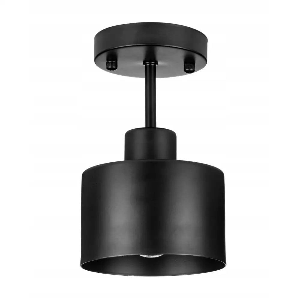 Taklampe Lite svart, sylinderformet metallskjerm med synlige skruer og stilrent takfeste, sett forfra.