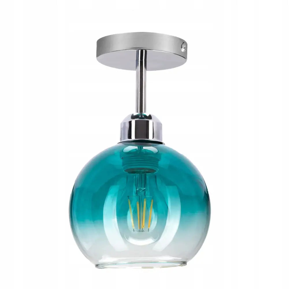 Taklampe Liten Kule Venus Blå, frontbilde av blågrønn glasskuppel med synlig lyspære og sølvfeste.