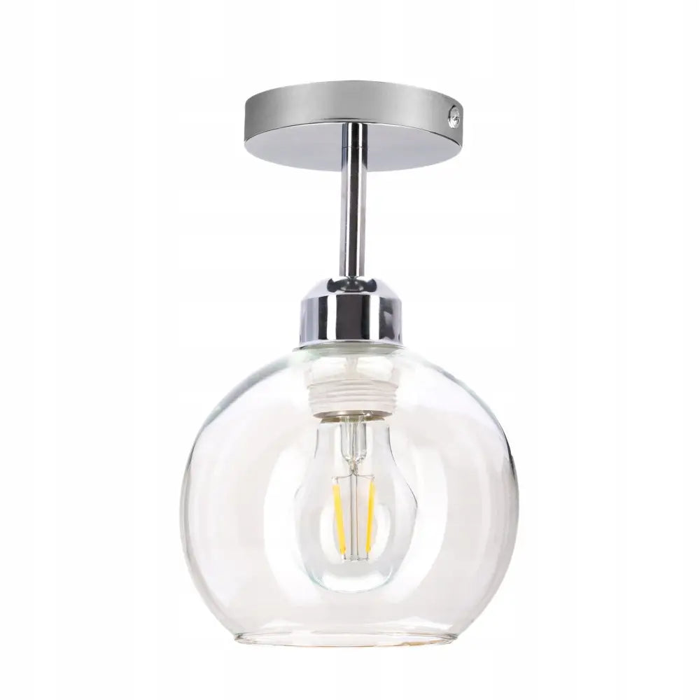 Taklampe Liten Kule Venus med rund, gjennomsiktig glasskjerm og synlig lyspære mot hvit bakgrunn.