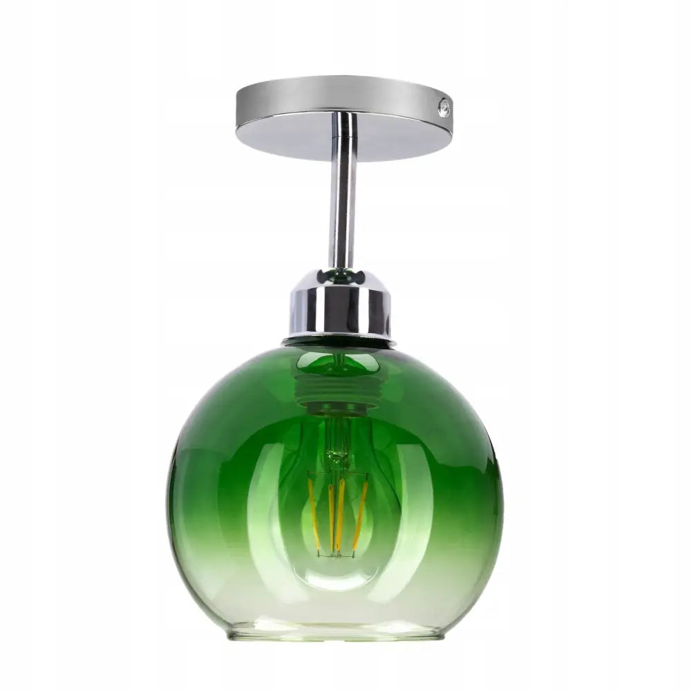 Taklampe Liten Kule Venus, grønn glasskuppel med synlig lyspære og kromfester sett forfra.