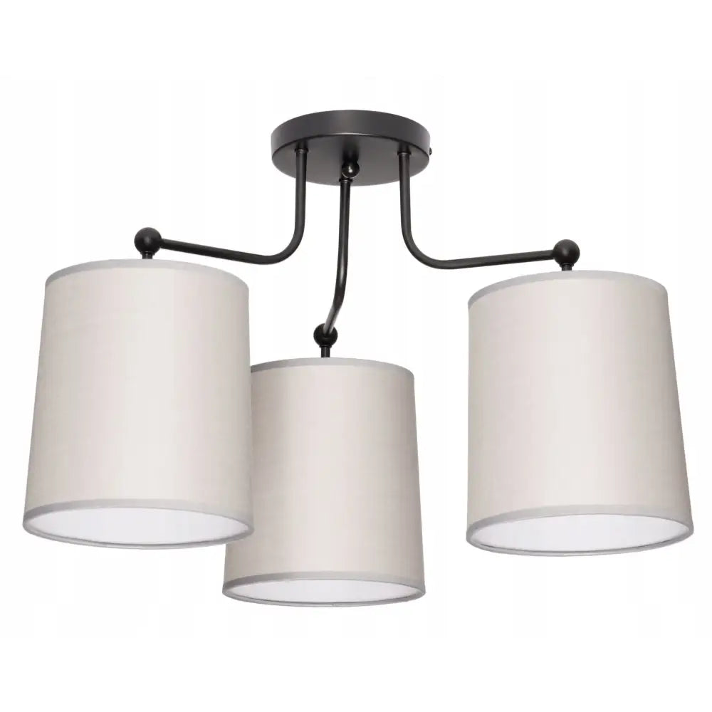 Taklampe med tre hvite tekstilskjermer og sort metallbase, frontvisning mot hvit bakgrunn.